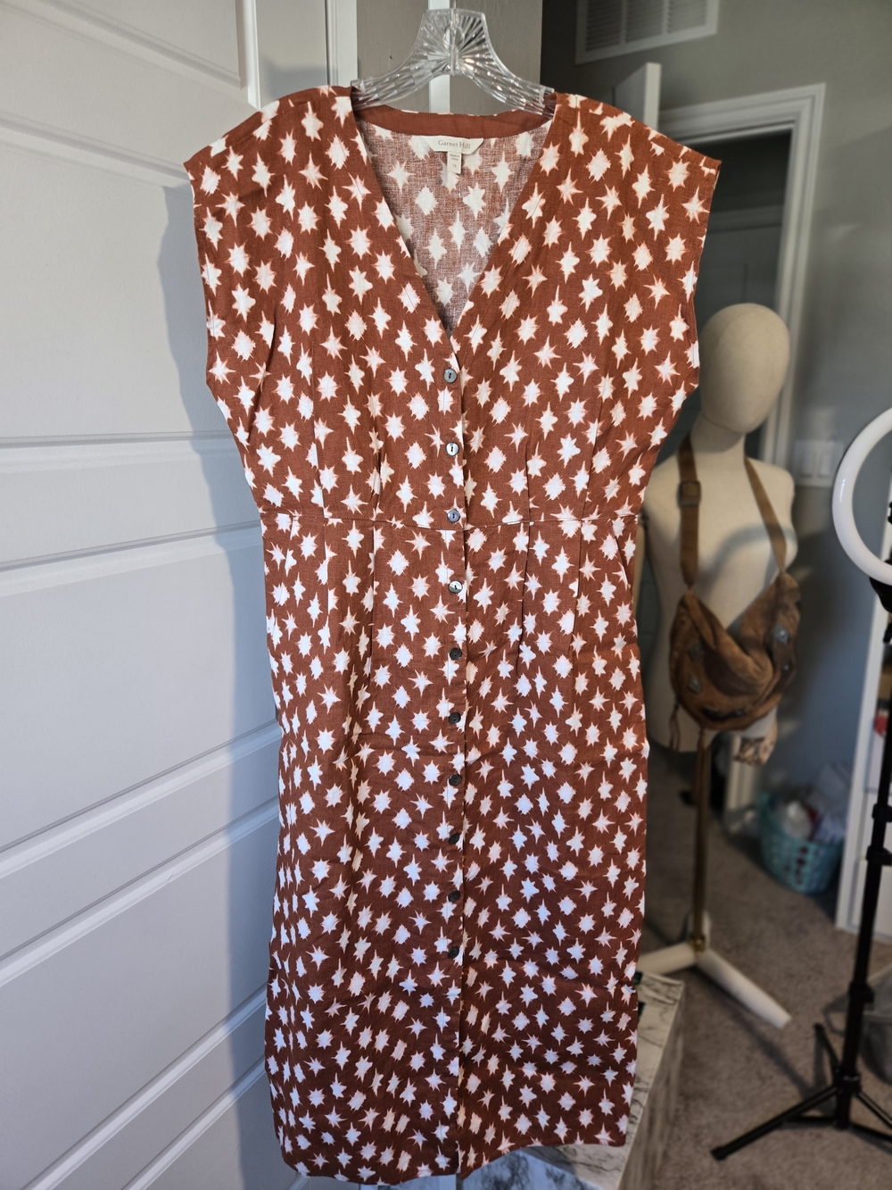 Garnet Hill Rust with White Leaf-Spot Button Midi Dress